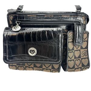 VTG 90s BRIGHTON‎ Black Brown Logo Fabric Leather Crossbody Organizer Handbag